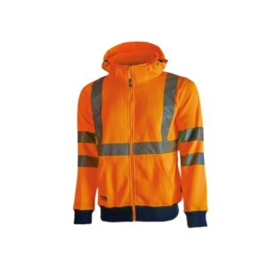 Upower Melody Sudadera Moderna - Talla 2XL - Rayas Reflectantes, Cremallera Central, Cuello Alto, Capuchon Desmontable, Puños Elasticos, Proteccion DPI2, Bolsillos Inferiores - Color Naranja Fluorescente