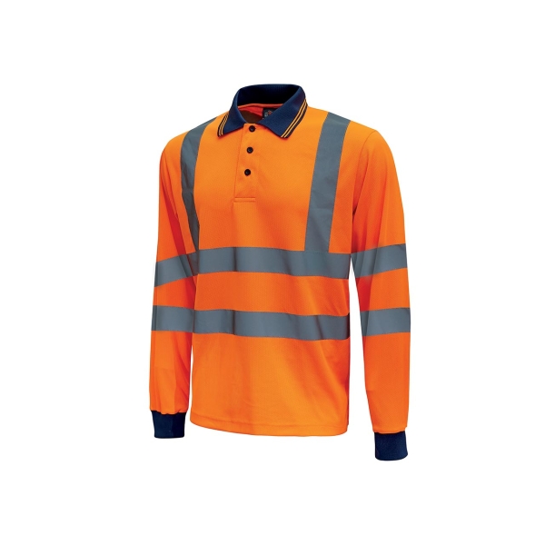 Upower Shine Polo de Manga Larga con Detalles Reflectantes - Talla 2XL - Cuello Cerrado, Ventilaciones Laterales, Banda para el Sudor, Proteccion DPI3, Tela Transpirable y Duradera - Color Naranja Fluorescente