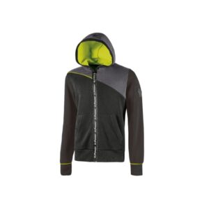 Upower Jupiter Sudadera de Trabajo - Talla 2XL - Cremallera Impermeable, Capucha Ajustable, Bolsillos Practicos, Piping Fluo Elastico, Puños Elasticos, Proteccion DPI1 - Color Negro Carbon