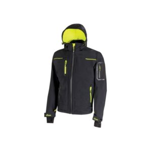 Upower Space Chaqueta Softshell Impermeable - Talla 2XL - Transpirable, a Prueba de Viento, Forro Micropolar, Capucha Desmontable, Bolsillos con Cremalleras Fluorescentes, Proteccion DPI1 - Color Negro Carbon