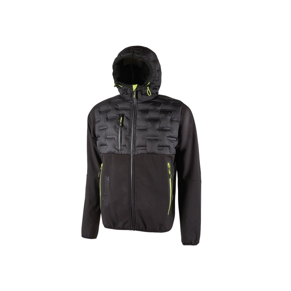 Upower Spock Chaqueta Hibrida Transpirable - Talla 2XL - Antiviento, Cremallera Impermeable, Capucha Ajustable, Plumon sin Costuras, Bolsillos Fluorescentes, Proteccion DPI1 - Color Negro Carbon