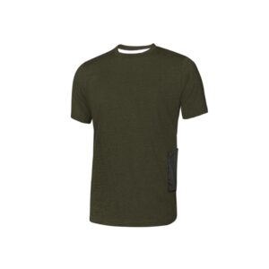 Upower Road Camiseta de Manga Corta en Polycotton Jersey - Talla 2XL - Slim-Fit, Cuello Acanalado Elastico, Bolsillo para Celular, Cinta Reflex, Proteccion DPI1 - Color Verde Oscuro