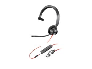 Plantronics/Poly Blackwire C3315 3,5mm y USB-C Auricular Monoaural con Microfono - Almohadilla Acolchada - Controles en Cable - Incluye Adaptador a USB-A - Color Negro
