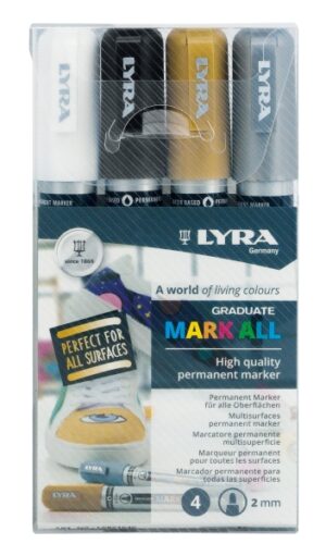Lyra Mark All Pack de 4 Rotuladores Permanentes - Multisuperficie - Punta Redonda - 2mm - Colores Blanco, Oro y Plata