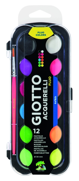 Giotto Fluo Pack de 12 Acuarelas - 1 Pincel Incluido - Diametro Pastilla 30mm - Colores Fluorescentes