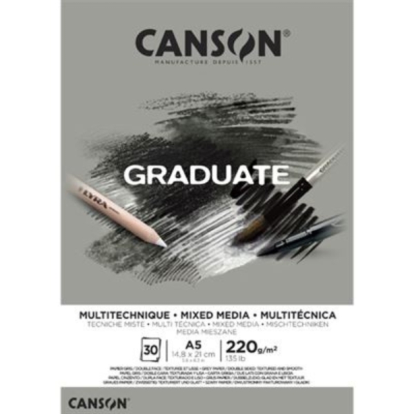 Canson Graduate Mix Media Bloc Encolado de 30 Hojas A5 - 220g - Grano Fino - Color Gris
