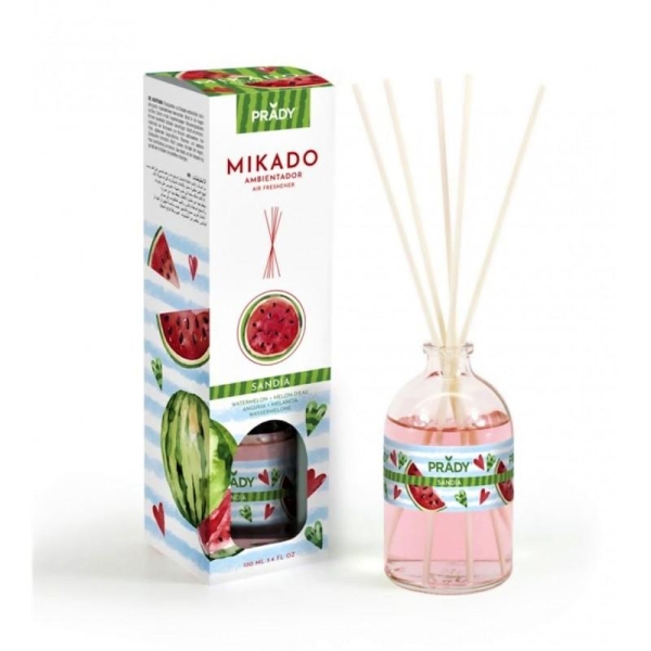Prady Ambientador Mikado Sandia - Frasco de Cristal 100 ml y Varitas Difusoras
