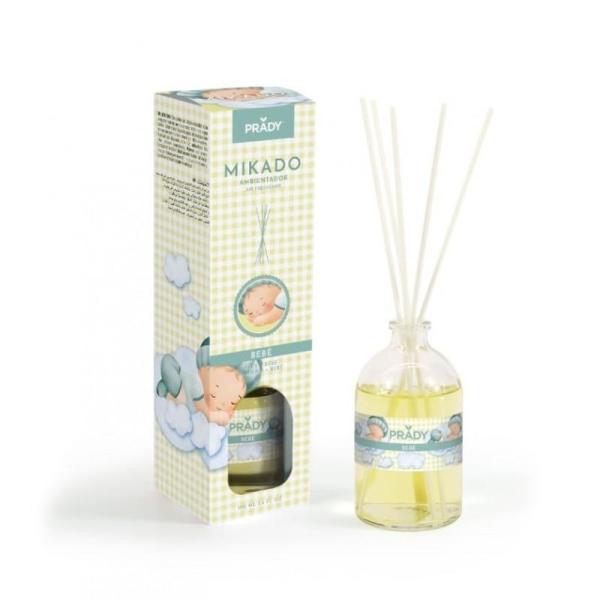 Prady Ambientador Mikado Bebe - Frasco de Cristal 100 ml y Varitas Difusoras