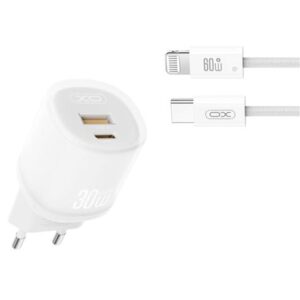 XO L151 Cargador de Corriente 30W - USB-A y USB-C - GaN - Incluye Cable USB-C a Lightning - Color Blanco