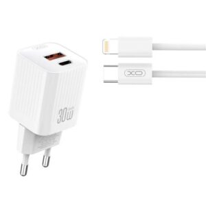 XO L149 Cargador de Corriente 30W - USB-A y USB-C - Alto Rendimiento - Incluye Cable USB-C a Lightning - Color Blanco
