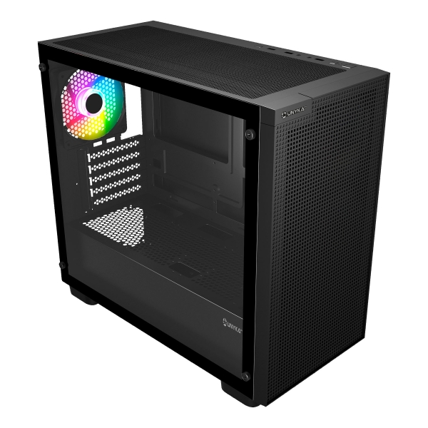 Unykach Revelat Mesh Edge Caja Micro ATX, ITX - Lateral de Vidrio Templado - 3.5", 2.5" - USB-A 2.0, USB-3.0 y Audio - 4 Ventiladores ARGB - Soporta Refrigeracion Liquida - Color Negro