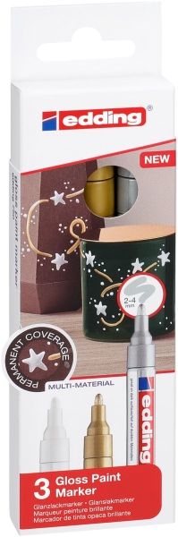 Edding 750 Pack de 3 Rotuladores Permanentes - Punta Redonda - Trazo entre 2 y 4 mm. - Tinta Opaca - Secado Rapido - Colores Blanco, Plata y Oro
