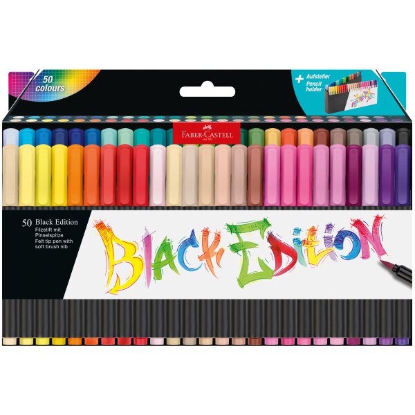 Faber-Castell Black Edition Pack de 50 Rotuladores Punta Pincel - Tinta a Base de Colorantes Alimentarios - Colores Surtidos