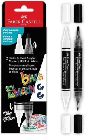 Faber-Castell Shake & Paint Black Edition Pack de 2 Rotuladores Acrilicos Doble Punta - Puntas Redondas de 1mm y 3mm - Tinta Acrilica al Agua - Colores Negro y Blanco