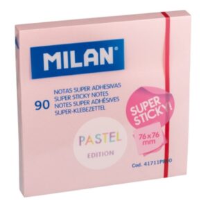 Milan Bloc de 90 Notas Super Adhesivas - Removibles - Mayor Permanencia - 76mm x 76mm - Color Rosa Pastel