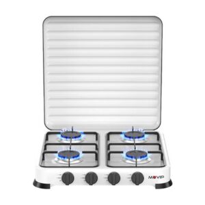 Muvip Vulcano Cocina de Gas con 4 Fuegos - Tapa Protectora - Patas de Goma - Superficie Esmaltada - Quemador Extraible - 47.8x47.8x60cm - Color Blanco