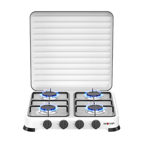 Muvip Vulcano Cocina de Gas con 4 Fuegos - Tapa Protectora - Patas de Goma - Superficie Esmaltada - Quemador Extraible - 47.8x47.8x60cm - Color Blanco