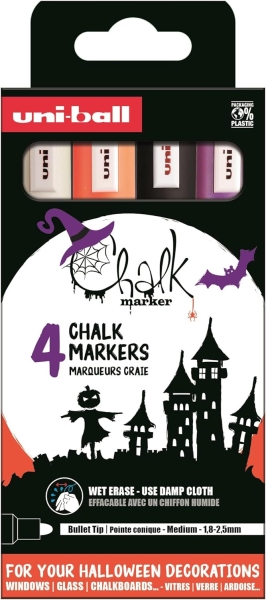 Uni-ball Chalk Colores Halloween Pack de 4 Marcadores de Tiza Liquida - Punta Conica 1.8-2.5mm - Borrado en Humedo - Resistente a la Lluvia - Colores Surtidos