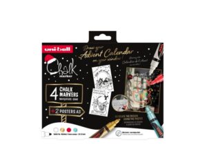 Uni-ball Chalk Colores Navidad Pack de 4 Marcadores de Tiza Liquida + Posters - Punta Conica 1.8-2.5mm - Borrado en Humedo - Resistente a la Lluvia - Colores Surtidos