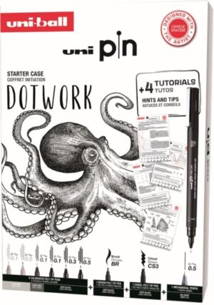 Uni-ball Uni Pin Dotwork Pack de 8 Rotuladores Calibrados 0.1, 0.3, 0.5, Brush y CS3 + 1 Portaminas Shalaku S + 4 Tutoriales + Consejos, Sugerencias y Ejercicios para Practicar de la Artista Ophelie Dhayere - Tinta Pigmentada Resistente al Agua y Luz - Co