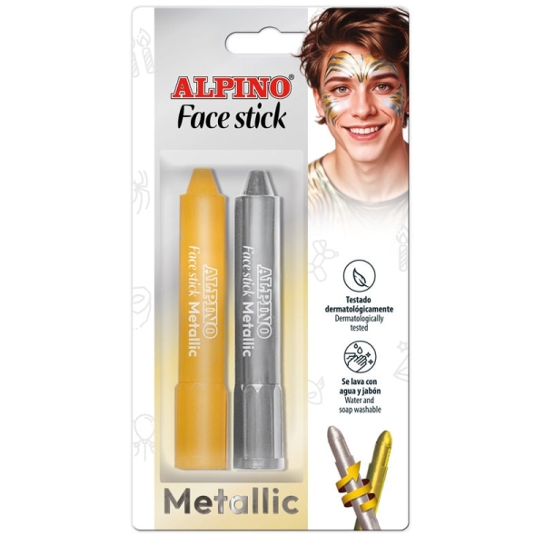 Alpino Fiesta Face Stick Pack con 2 Barritas de Pintura Facial - Sistema Retractil Giratorio - Se Lava con Agua - Testado Dermatologicamente - Color Plata y Oro