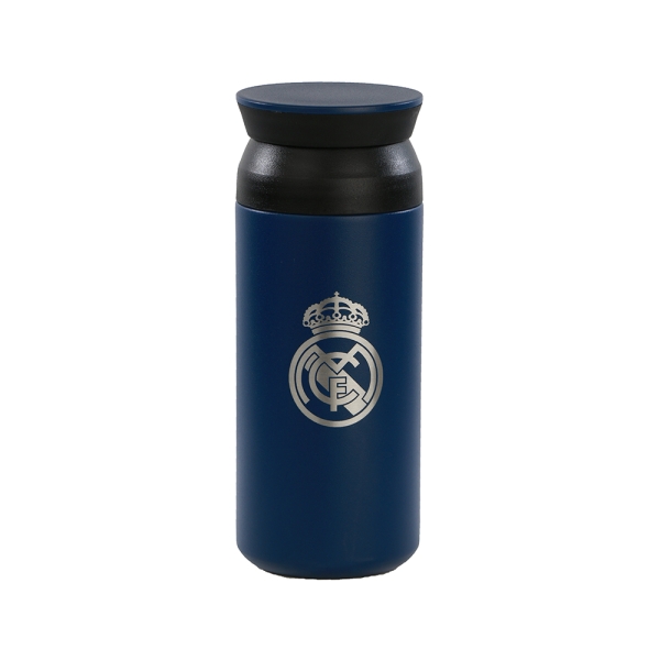Safta Real Madrid Vaso de Acero Inoxidable 350mL - Doble Pared - Base de Silicona - Acero Inoxidable - Tapa - 12H Caliente / 24H Frio - 17.2x6.8x6.8cm - Color Azul Marino