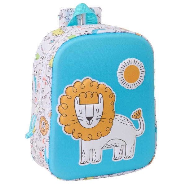 Safta Lion Mochila Guarderia 3D de 6L - Asa de Mano Superior - Asas Regulables y Acolchadas - Cierre de Cremallera - 22x27x10cm - Color Blanco y Azul