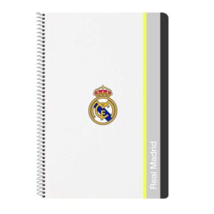 Safta Real Madrid Cuaderno Espiral - Tapas Duras - 80 Hojas A4 con Cuadriculada 4X4mm - Formato Folio - 21.5x31x1cm - Color Blanco y Negro