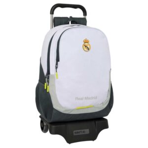 Safta Real Madrid Mochila de 22.5L con Carro 905 Integrado - Portabotellas - Extraible para Limpieza - Carro de PP, Acero y PVC - 32x44x16cm - Color Blanco y Negro