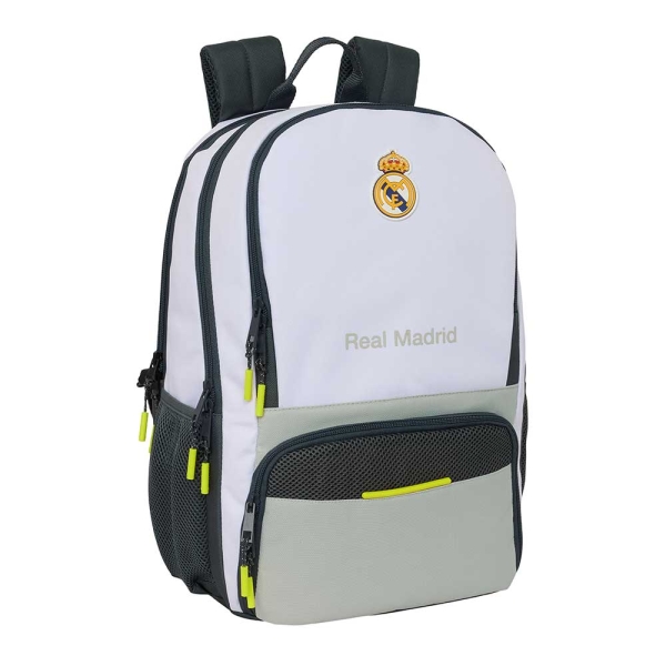 Safta Real Madrid Mochila de 21.4L para Portatil hasta 14.1" - Compartimento para Raqueta de Padel - Espacio para Zapatillas - Rejilla Antisudor - 30x42x17cm - Color Blanco y Negro
