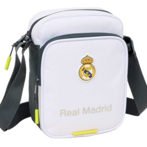 Safta Real Madrid Bandolera de 2L - Ajustable - Bolsillo Trasero con Velcro - Cierre con Cremallera - 16x22x6cm - Color Blanco y Negro