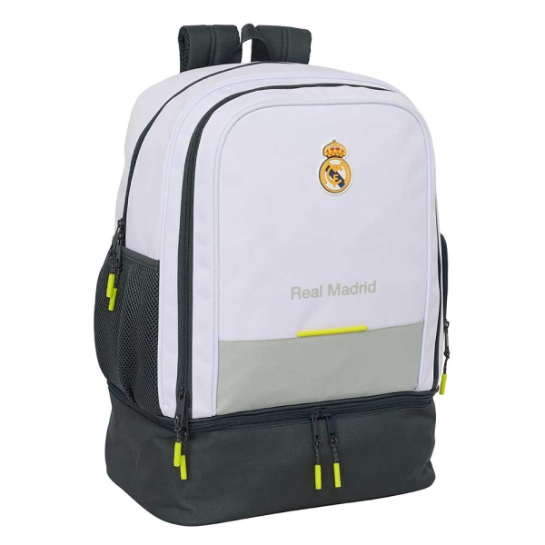 Safta Real Madrid Mochila Escolar de 42L - Portabotellas - Compartimento Semirigido Inferior - Bolsillos con Cremallera - 35x50x24cm - Color Blanco y Negro