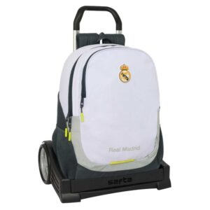 Safta Real Madrid Mochila de 22.5L con Carro Evolution Integrado - Portabotellas - Extraible para Limpieza - Carro de PP, Acero y PVC - 32x44x16cm - Color Blanco y Negro