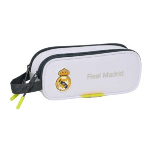 Safta Real Madrid Estuche Portatodo de 1L - 2 Compartimentos - Cierre de Cremallera - Asa de Mano - 21x8x6cm - Color Blanco y Negro