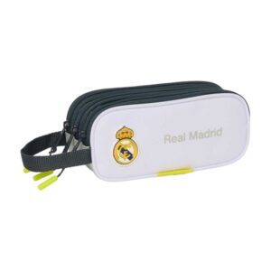 Safta Real Madrid Estuche Portatodo de 1.25L - 3 Compartimentos - Asa de Mano - Cierre de Cremallera - 21x8.5x7cm - Color Blanco y Negro