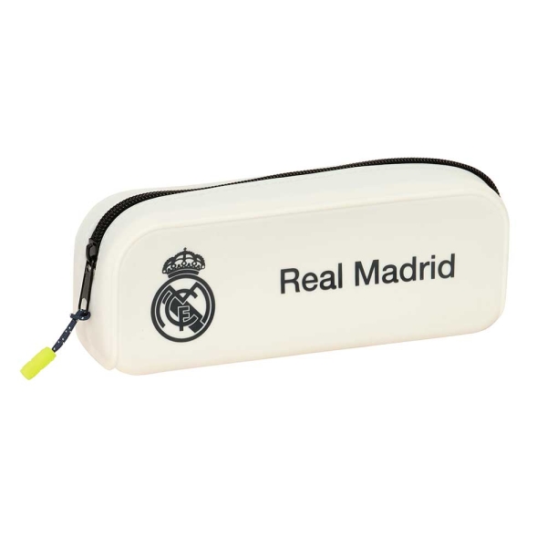 Safta Real Madrid Estuche Portatodo de 0.6L - 1 Compartimento - Silicona - Cierre con Cremallera - 18.5x7.5x5.5cm - Color Blanco