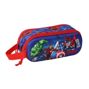 Safta Avengers Estuche Portatodo 3D de 1L - 2 Compartimentos - Cierre de Cremallera - Asa de Mano - 21x8x6cm - Color Rojo y Azul