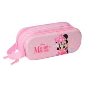 Safta Minnie Mouse Estuche Portatodo 3D de 1L - 2 Compartimentos - Cierre de Cremallera - Asa de Mano - 21x8x6cm - Color Rosa Pastel