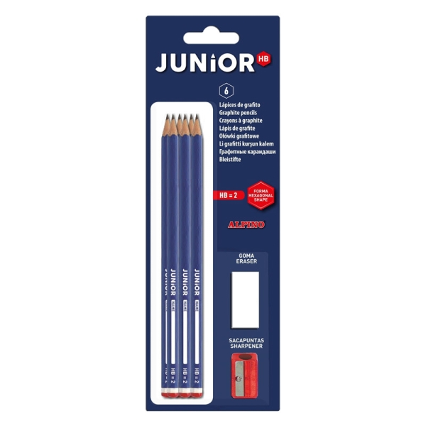 Alpino Junior Blister de 6 Lapices de Grafito HB + Sacapunta + Goma de Borrar - Espacio para el Nombre